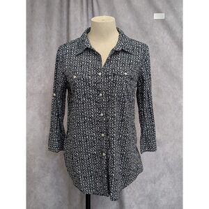 St. Johns Bay Womens‎ Navy White Geometric Print Button Down Shirt Medium Cotton